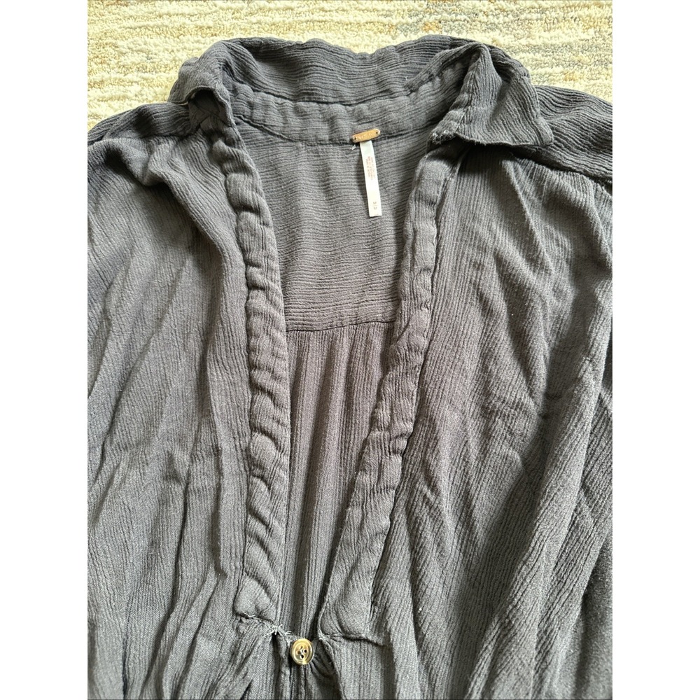 Free People Crinkled Tunic Women Black Sz M Ruched V-Neck Boho Sternum Tie - Picture 2 of 11